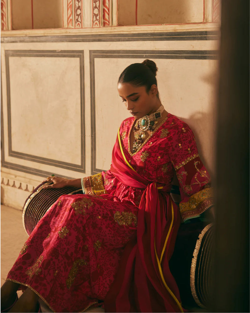 Khel Hot Pink Red Shadow Print Front Puckering Kurta Set mul by Rajiramniq in multi color for women Worldwide