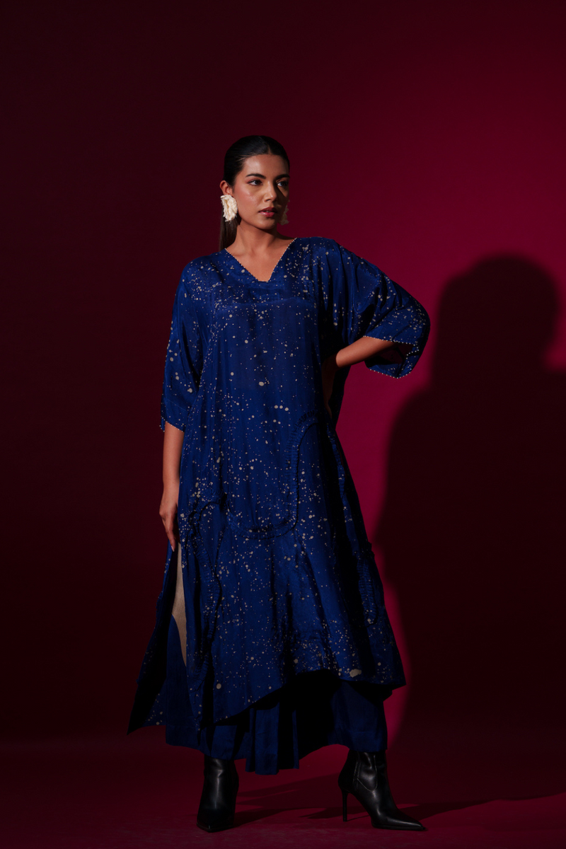 Dual Tunic-Blue + Grey mysore silk kaftans and tunics by Stoique in blue, grey for women Worldwide
