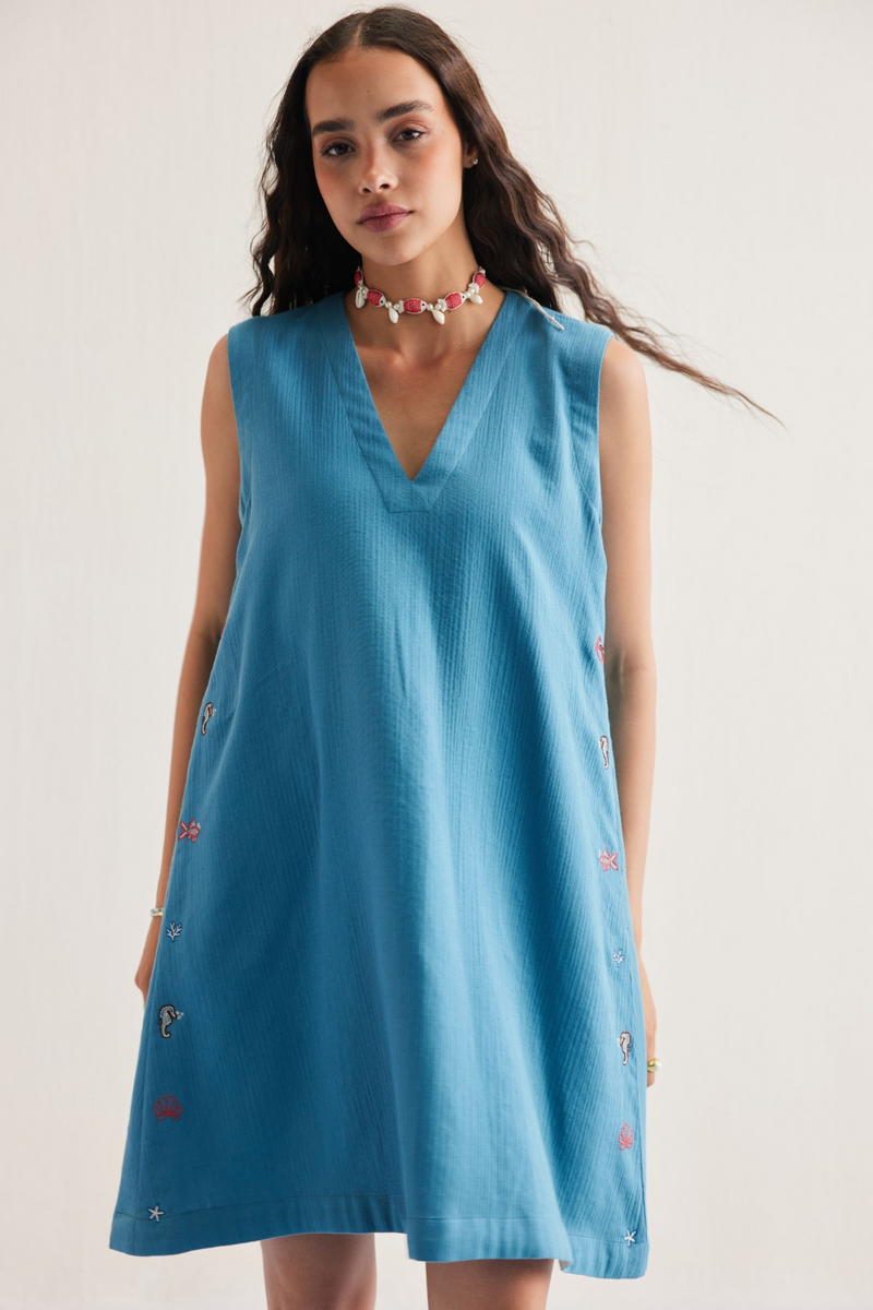 Marine Summer Organic Cotton Dress cotton by SUI in blue color for women Worldwide