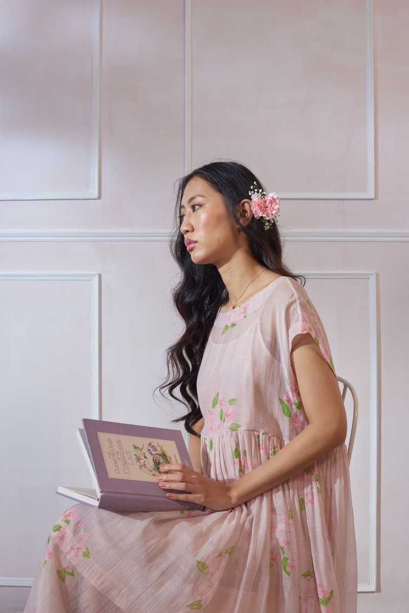 Bougainvillea Tap Midi Dress silk by Nadiya Paar in pink color for women Worldwide