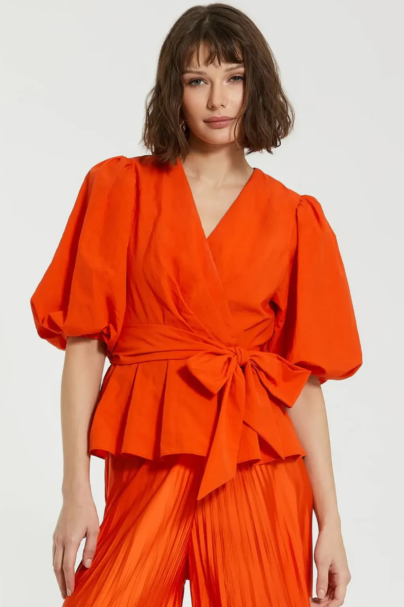 Orange Faille Wrap Over Balloon Sleeve Blouse by Mac Duggal for women Worldwide