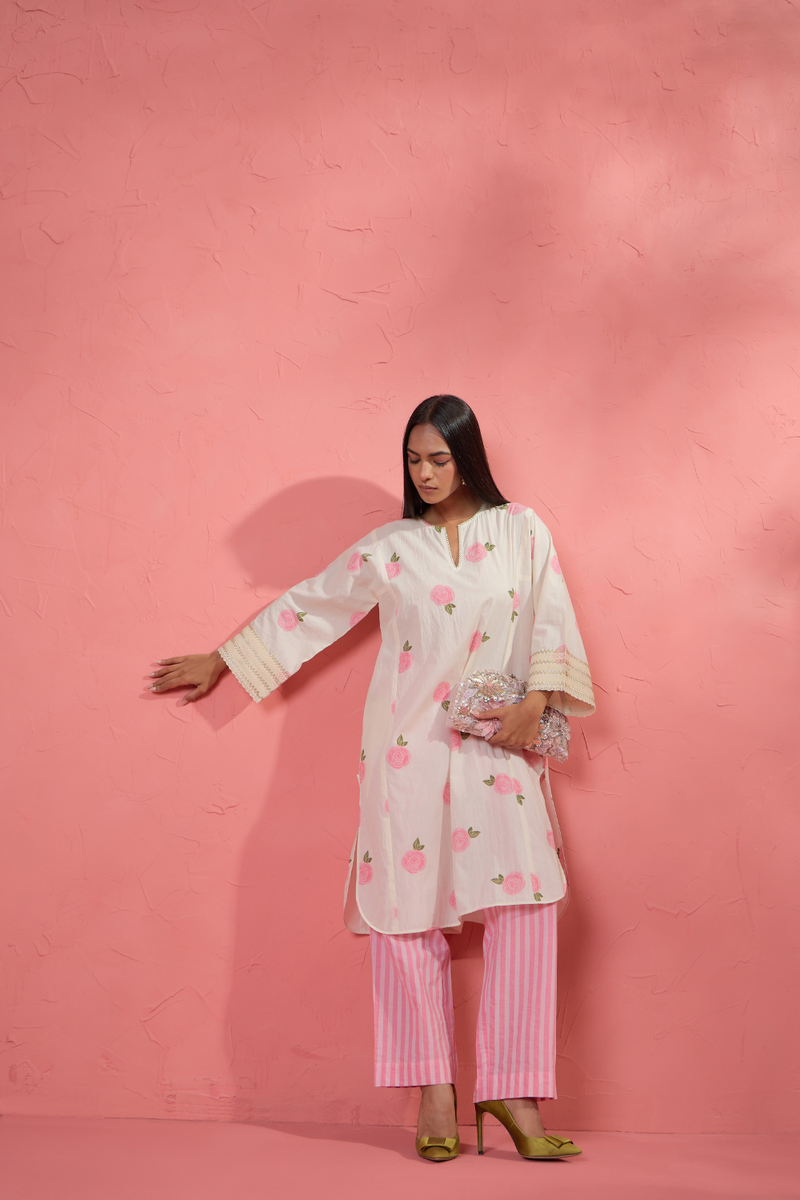 Gul Rose Set 3 cotton cambric light kurta set by AAVIDI in off white for women Worldwide