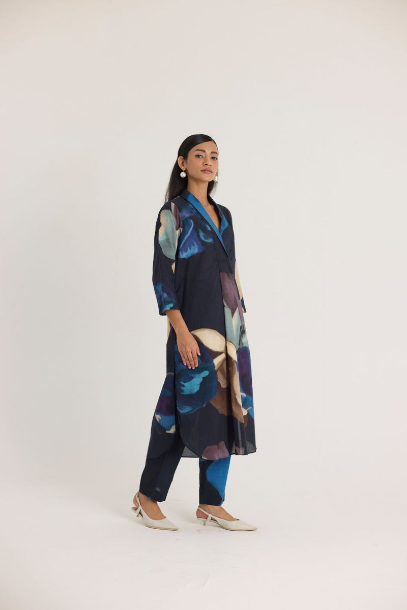 ROCCO SHAWL COLLAR KURTA SET cotton by Yam in black color for women Worldwide
