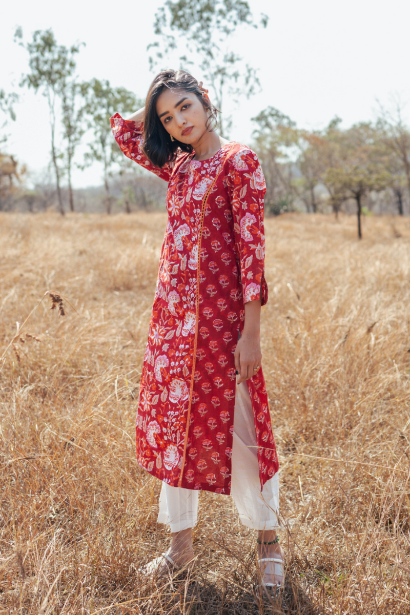 Amer Kurta Set - Handblock Printed Cotton Kurta Set cotton by Marche in red color for women Worldwide