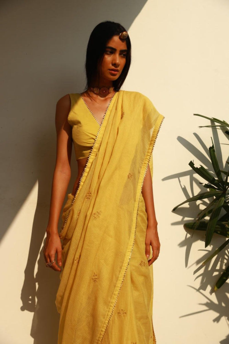 Nazaqat sari Saree by Khara Kapas in yellow for women Worldwide