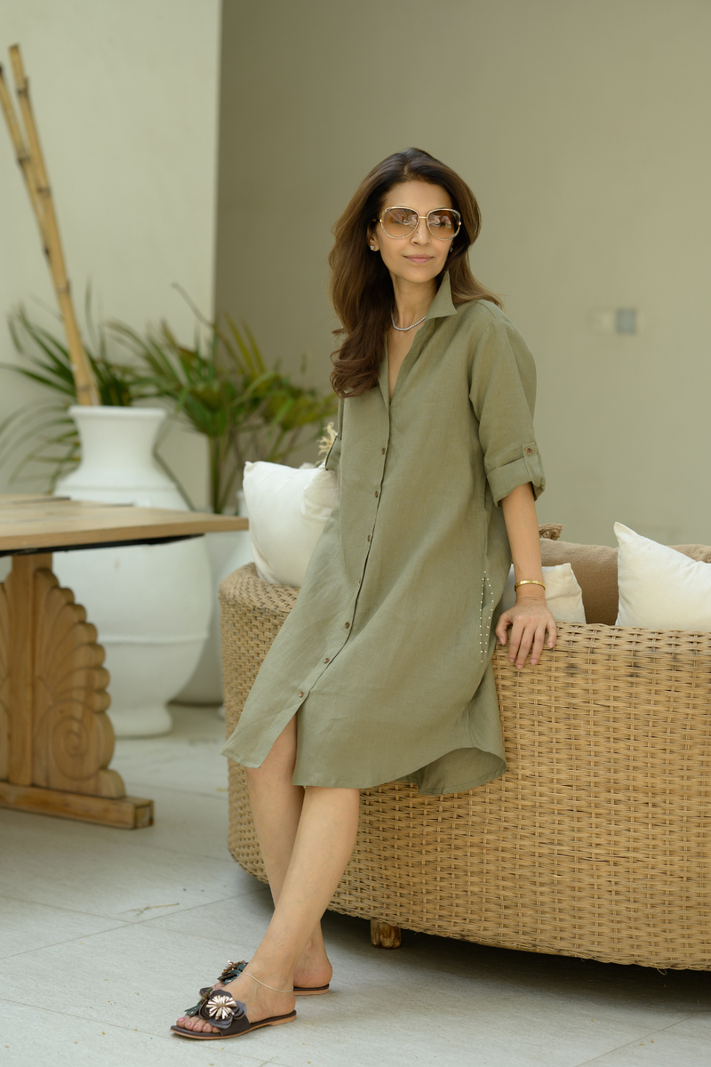 Khaki Shirt Dress linen dress by Zanzibar Living in multicolor for women Worldwide