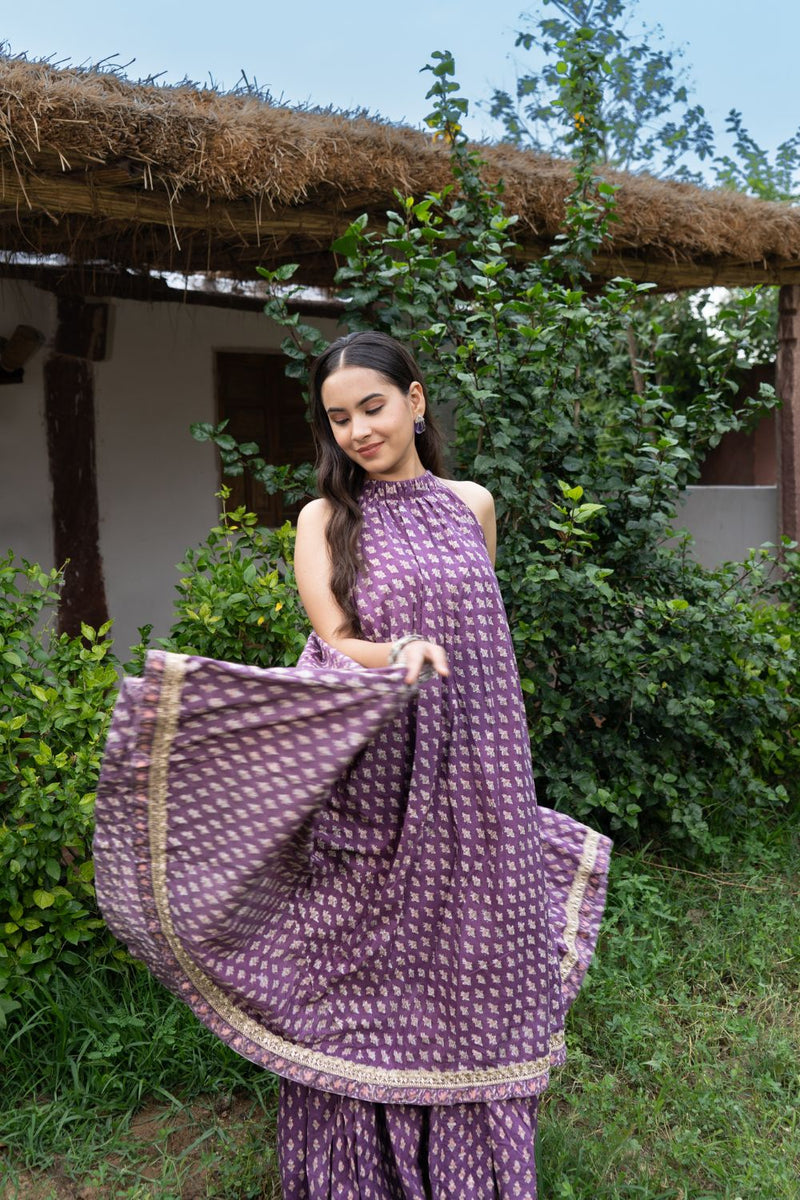 Saundh Purple and Peach Cotton block printed floral ghera dress cotton by Maison Shefali in multi color for women Worldwide