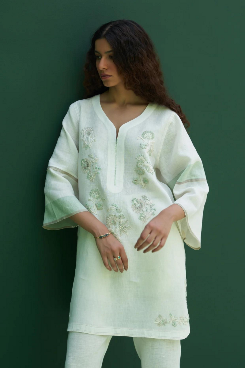Insha Hand-Embroidered Kurta
 - Ivory linen by Manan in ivory color for women Worldwide
