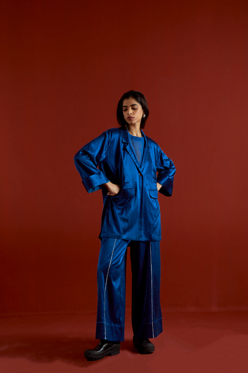 WIDE SLEEVE JACKET CO-ORD-ELECTRIC BLUE satin by THREE in blue color for women Worldwide