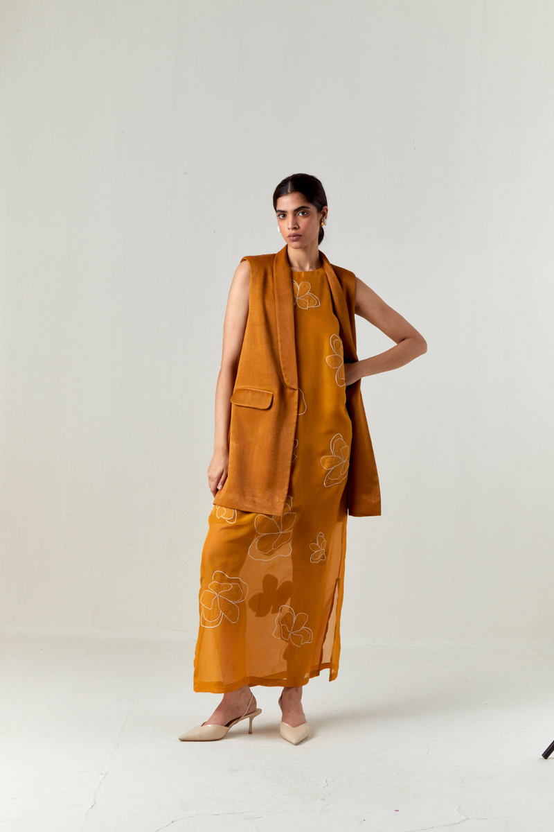 COLLARED WAIST COAT CO-ORD-OCHRE satin by THREE for women Worldwide