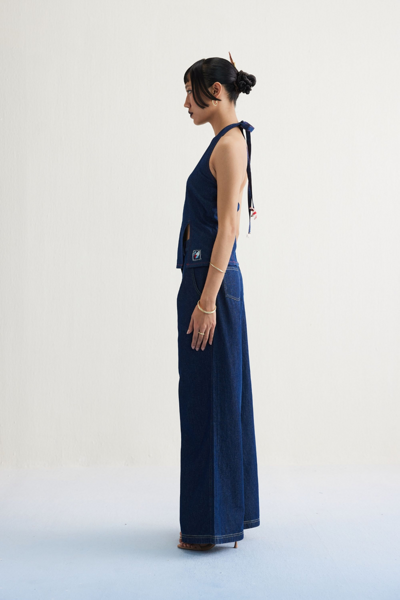 Deepwater Denim Halter Top cotton by SUI in blue color for women Worldwide