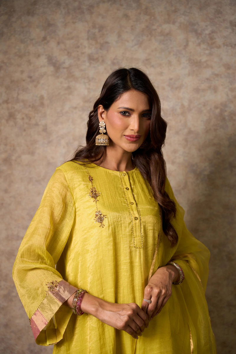 Zing Kurta Set - Yellow with Dupatta organza by Priti Prashant in yellow color for women Worldwide
