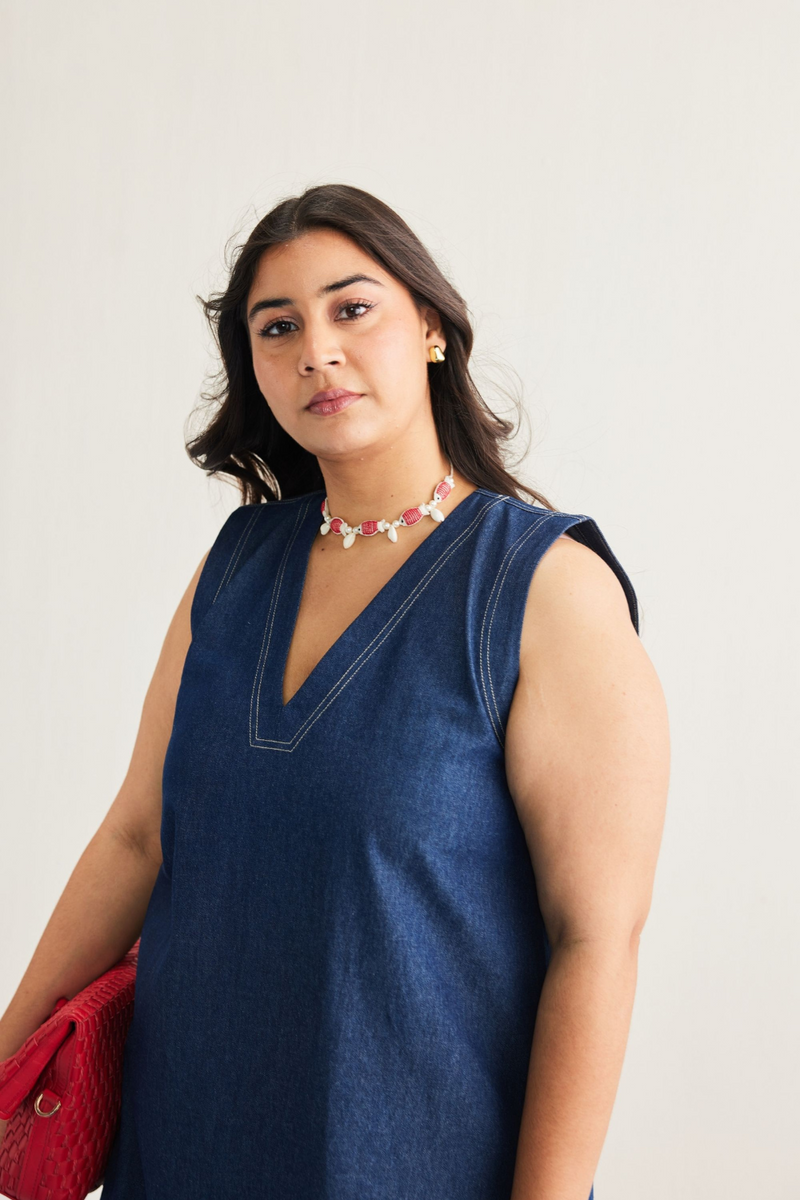Deep Blue Sustainable Denim Dress cotton by SUI in blue color for women Worldwide