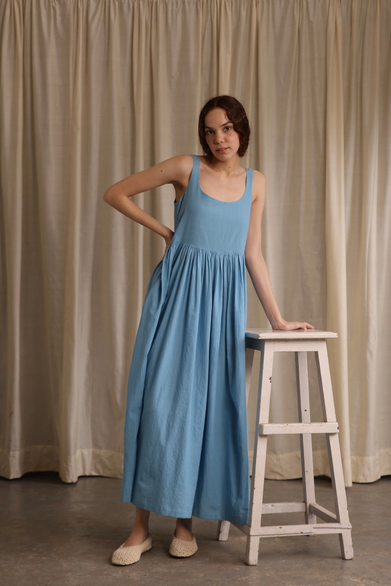 Mia Dress- Cornflower cotton by MASON AND MILL in blue color for women Worldwide