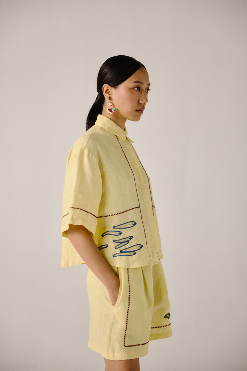 Leo Set - Butter Yellow Fish Embroidery by CORD in yellow for women Worldwide