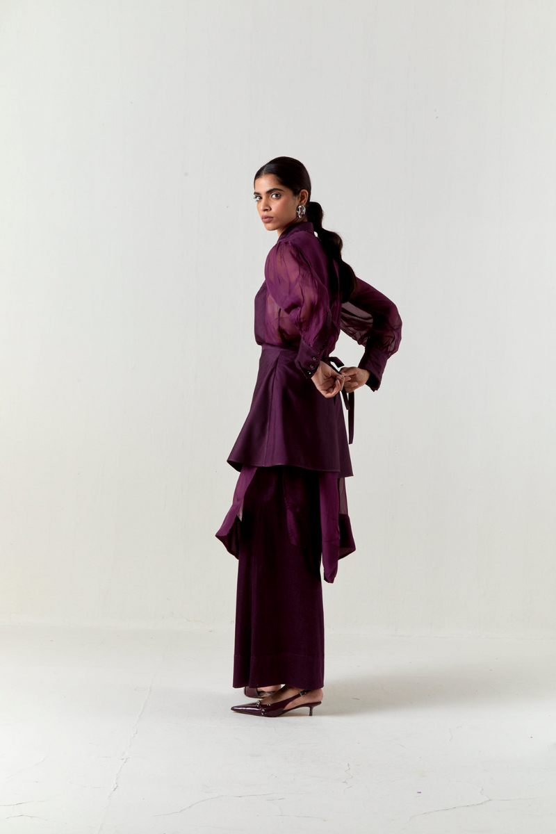 BEADED COLLAR SHEER SHIRT CO-ORD-WINE organza by THREE for women Worldwide