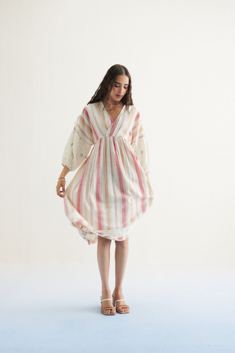 The Reef Shore Handwoven Kala Cotton Midi Dress cotton by SUI in white color for women Worldwide