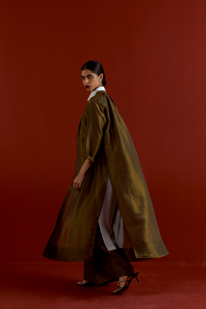 GATHER NECK SHIRT CO-ORD-OLIVE GOLD tissue by THREE in gold color for women Worldwide