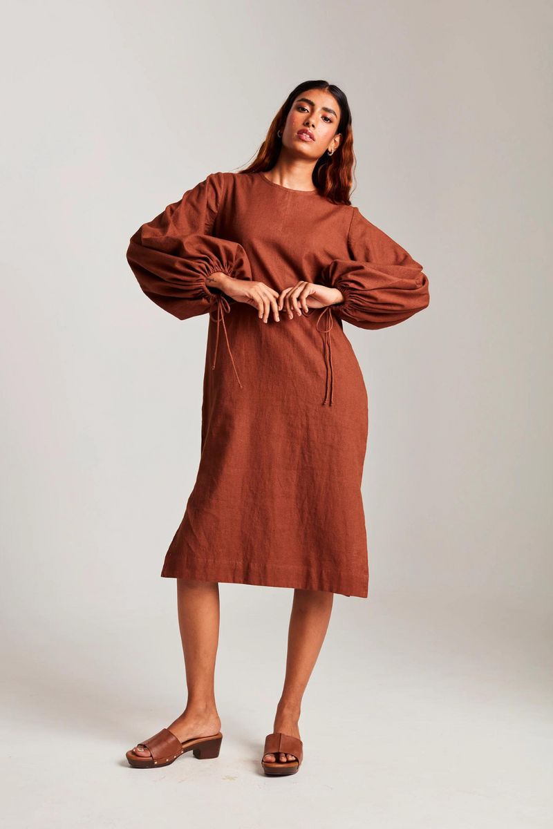 Mocha Co-Linen Balloon Sleeves Dress cotton by Saphed in brown color for women Worldwide