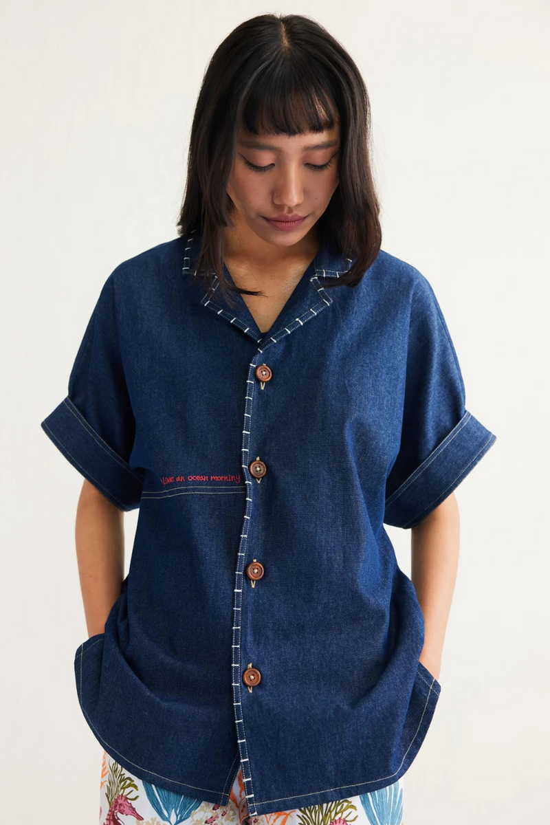Ocean Morning Sustainable Denim Shirt cotton by SUI in blue color for men Worldwide