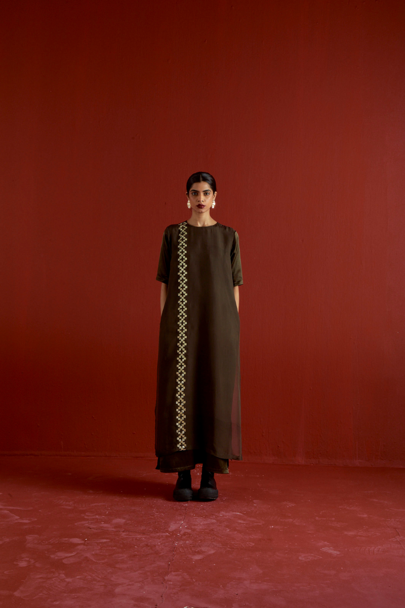 GOTA PATTI DETAIL DOUBLE LAYER DRESS-DARK OLIVE satin by THREE in olive color for women Worldwide