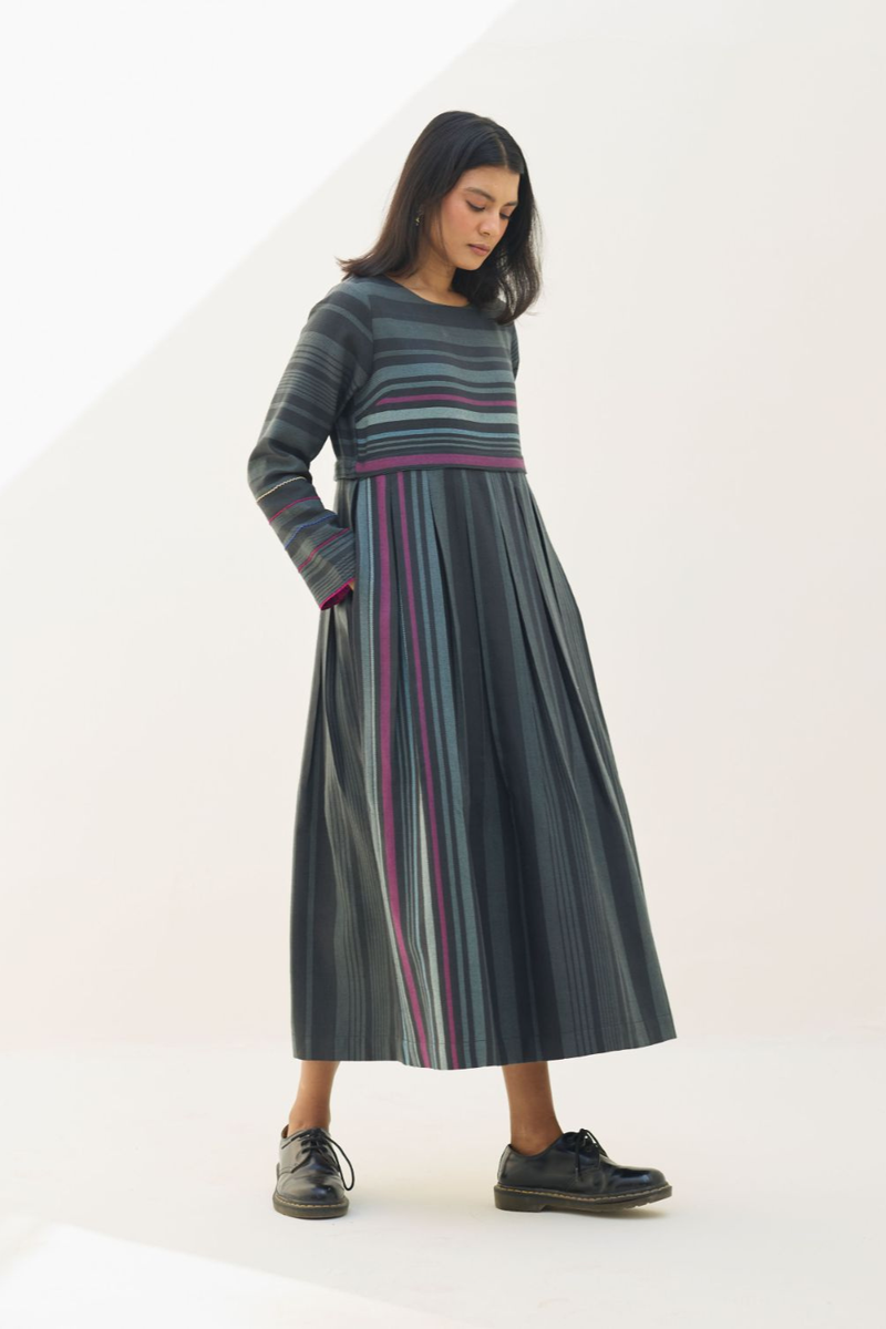 Fiona Merino Wool Pleated Dress - Charcoal by Manan in charcoal color for women Worldwide