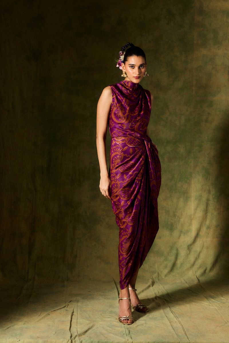 SAANJH SILK DRAPED DRESS satin by JodiLife for women Worldwide