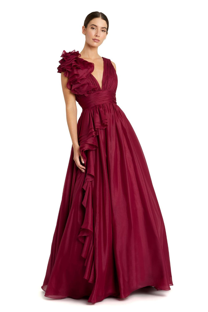 48856-Burgundy Ruffle Shoulder V-Neck Chiffon Gown chiffon by Mac Duggal for women Worldwide