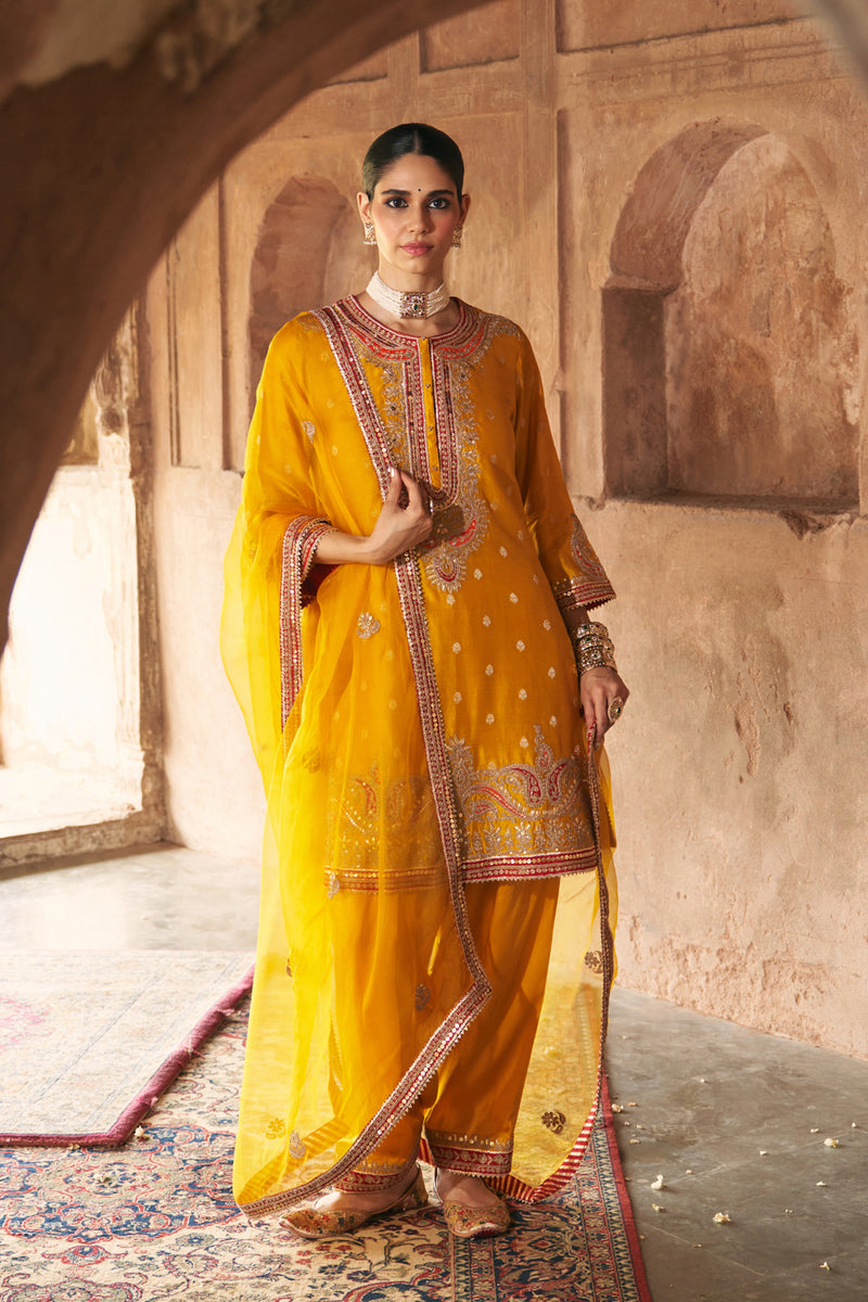 FARHANA - MUSTARD SHORT KURTA WITH SALWAR AND DUPATTA chanderi silk kurta/kurta set by SHEETAL BATRA in mustard for women Worldwide