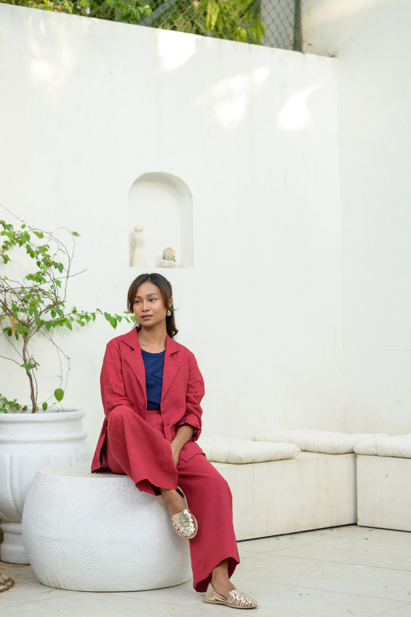 Crimson Sky Suit linen co-ord set by Zanzibar Living in crimson red for women Worldwide