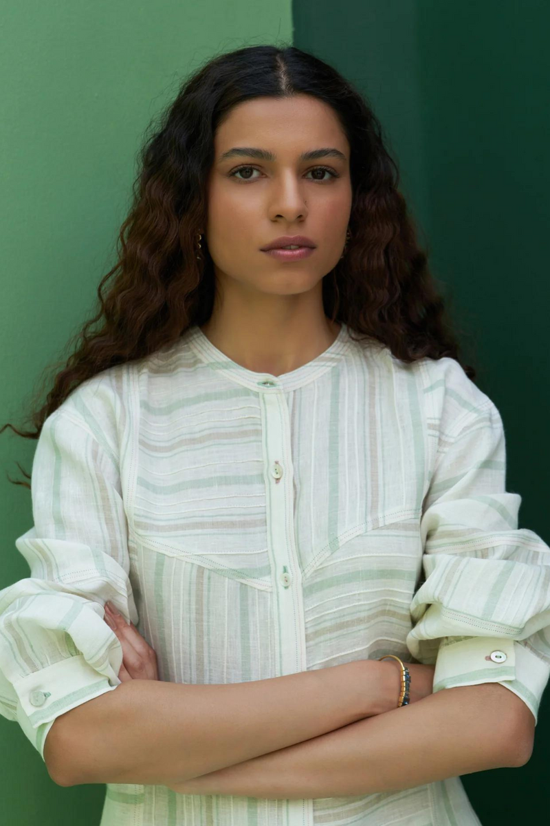 Miyu Pintucked Linen Shirt
 - Mint linen by Manan in mint color for women Worldwide