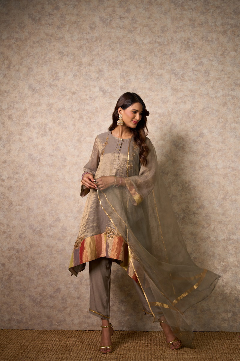 Zing Kurta Set - Grey with Dupatta organza by Priti Prashant in grey color for women Worldwide