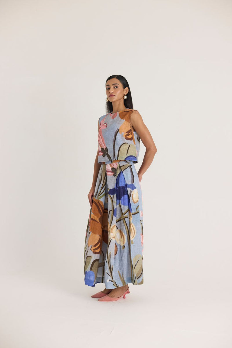 NICO LINEN TOP & SKIRT SET by Yam in blue color for women Worldwide