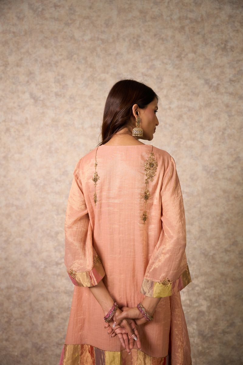 Zing Kurta Set - Peach with Dupatta organza by Priti Prashant in peach color for women Worldwide