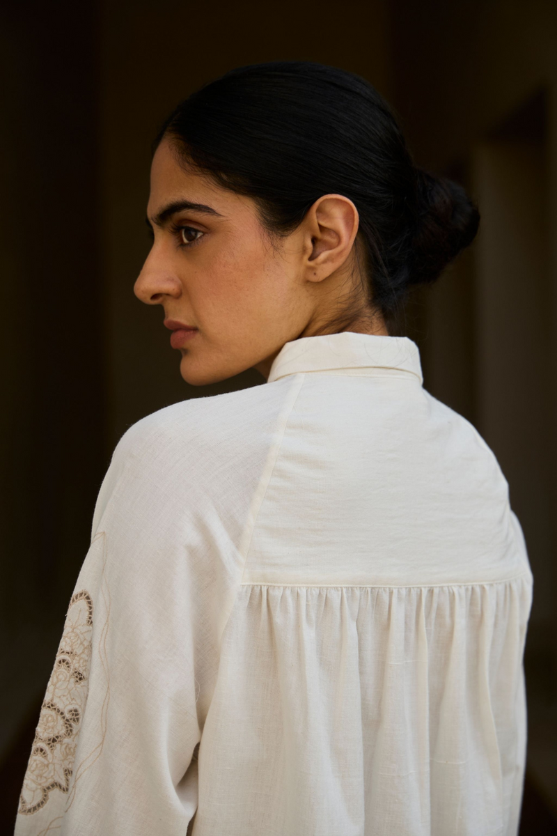 Yeji Handwoven Embroidered Shirt cotton by The Summer House in white color for women Worldwide