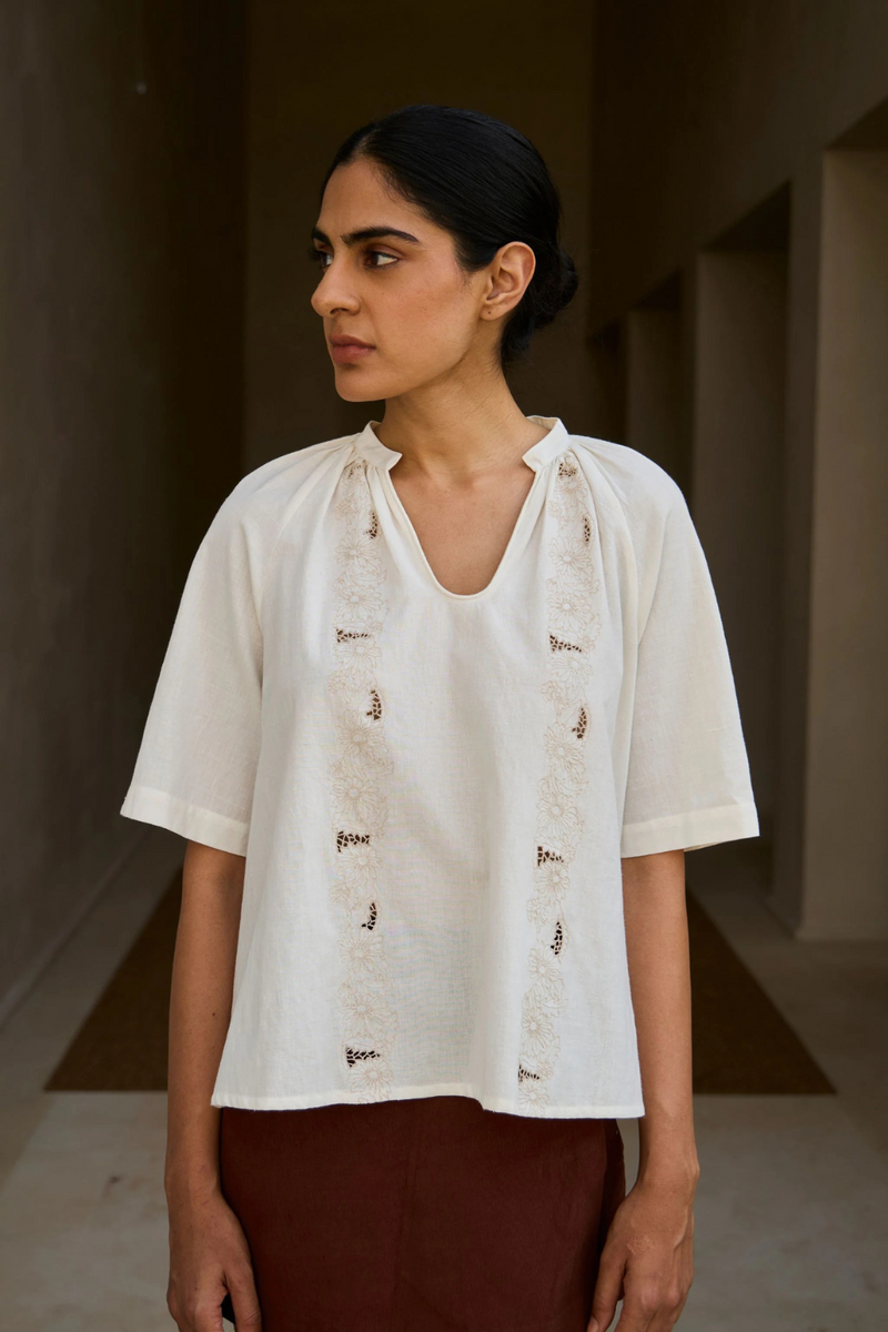 Bheer Handwoven Embroidered Top cotton by The Summer House in white color for women Worldwide