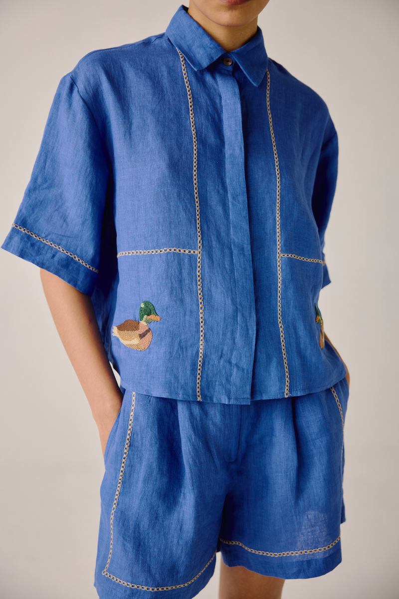 Leo Set - Electric Blue Duck Embroidery by CORD in blue for women Worldwide