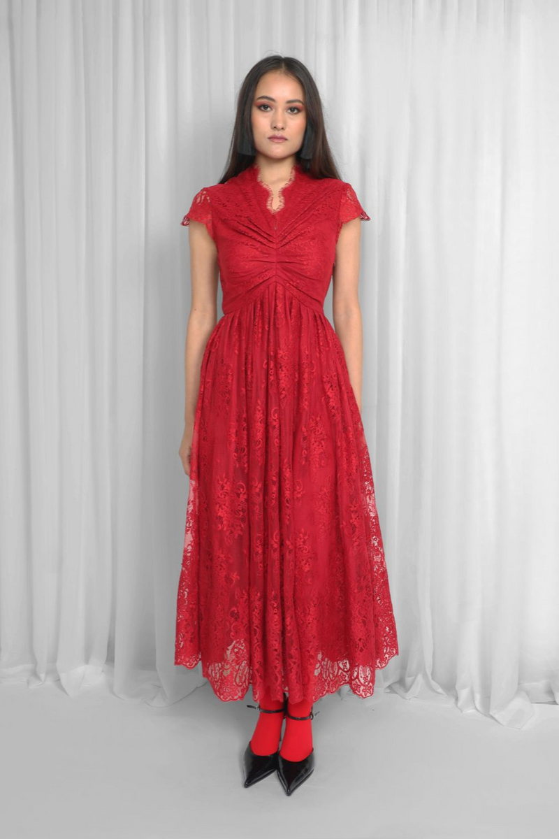Regina Dress-Red by Leh Studios in red color for women Worldwide