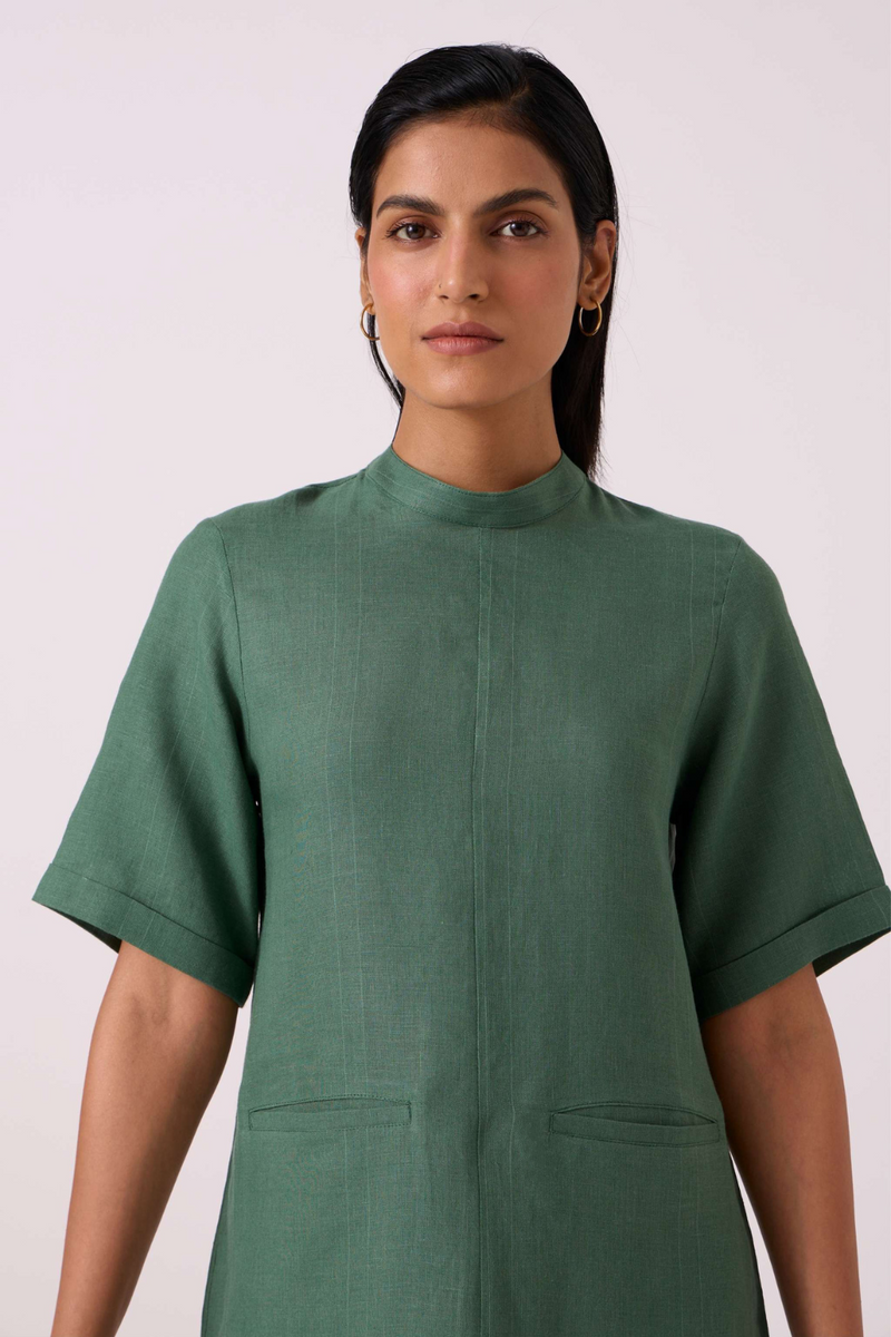 Tula Green Linen Shift Dress by The Summer House in green color for women Worldwide