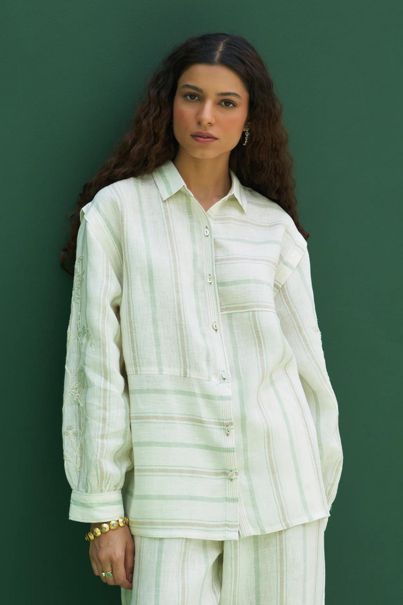 Akra Striped Linen Co-ord Set
 - Mint linen by Manan in mint color for women Worldwide