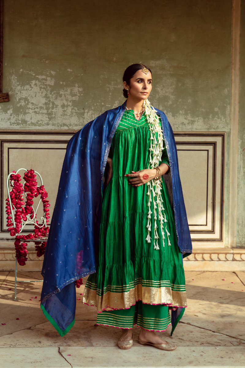 Green & Blue Chanderi Silk Embroidered Tiered Kurta Set silk by Maison Shefali in multi color for women Worldwide