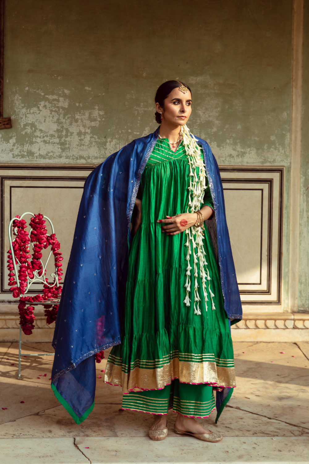 Green & Blue Chanderi Silk Embroidered Tiered Kurta Set