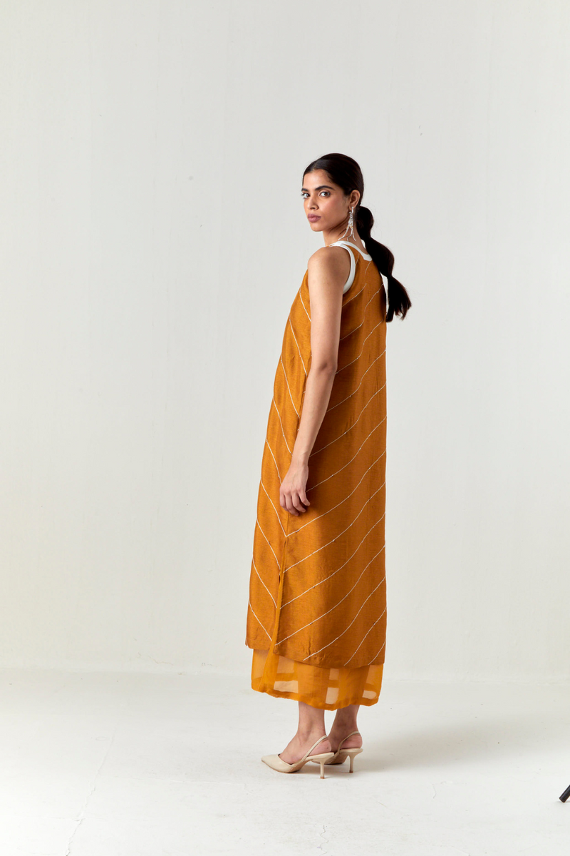 V-NECK EMBELLISHMENT DETAIL DRESS-OCHRE silk by THREE for women Worldwide