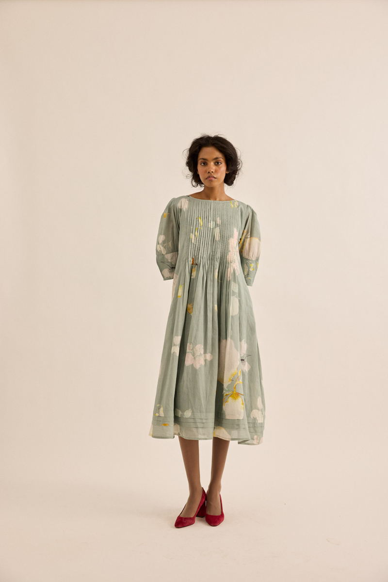 Cornflower Dress mul dress by Khara Kapas in sage green for women Worldwide