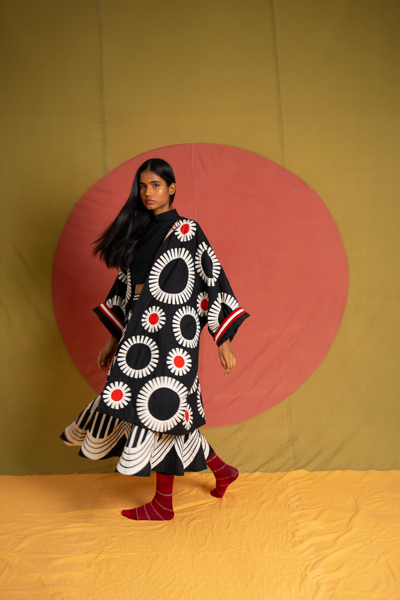 Naseem Moma Jacket-Black, white and Red kora cotton jacket/overlay by Ka-Sha in red for women Worldwide