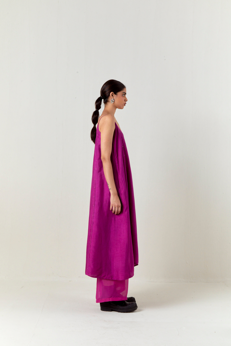 PANELED EMBROIDERED TUNIC CO-ORD-FUCHSIA silk by THREE for women Worldwide