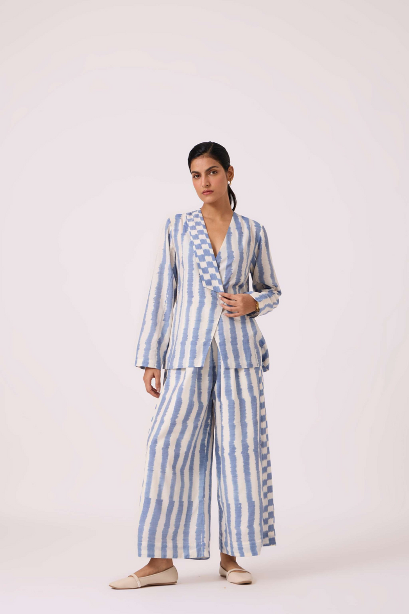 Dimtri Blue Striped Ikat Jacket cotton by The Summer House in blue color for women Worldwide
