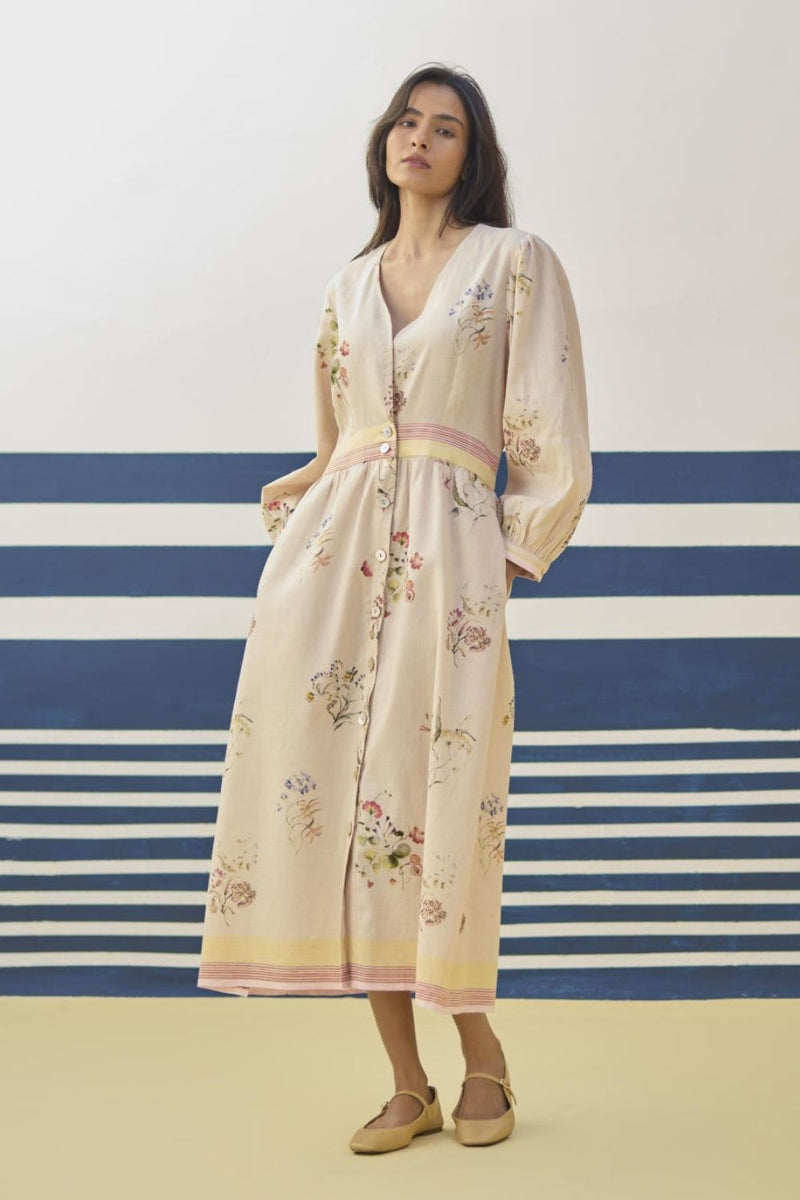 Greta Floral Linen Dress - Sand linen by Manan in natural color for women Worldwide