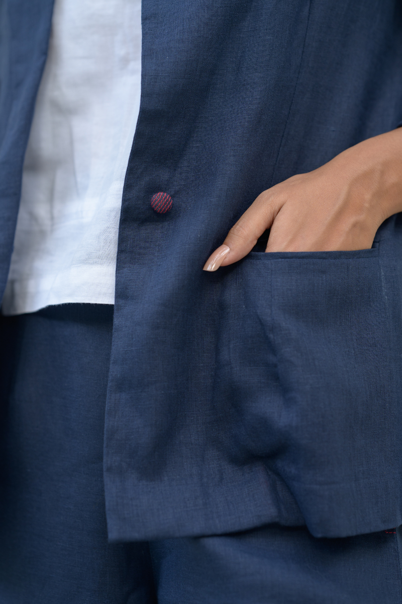 Midnight Line Suit linen co-ord set by Zanzibar Living in midnight blue for women Worldwide