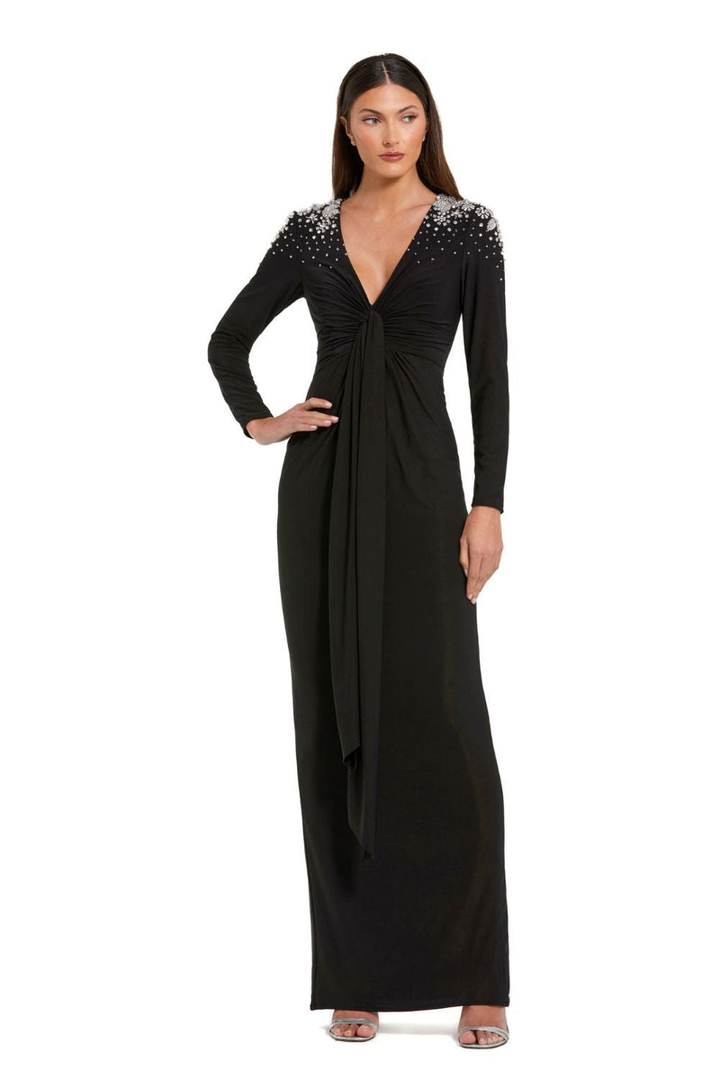 44063-Jersey V Neck Faux Knot Gown With Beaded Shoulders by Mac Duggal in black color for women Worldwide